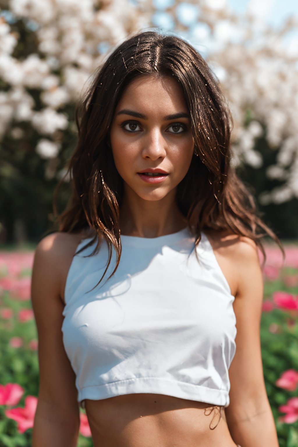 DV_S3_Momo_Vicious,  (Art Photography, Award Winning) (skinny), (Vibrant flower field in full bloom) (wearing crop top with supportive band) (Angled bob) by Steve McCurry, 35mm, F/2.8, ((Photo Focus, DOF, Aperture, insanely detailed and intricate, character, hypermaximalist, beautiful, revealing, appealing, attractive, amative, hyper realistic, super detailed))(DOF, blurry background), Sympathetic facial expression