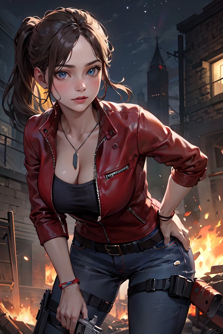 (masterpiece, best quality:1.4), insaneres, absurdres, solo, looking at viewer,BREAK GAME_ResidentEvil2Remake_ClaireRedfield_ownwaifu, brown hair, blue eyes, ponytail, breasts, long hair, large breasts, nose, dog tags, jacket, jewelry, necklace, red jacket, pants, belt, denim, jeans, holster, bracelet, zipper, pendant, cleavage, collarbone, thigh holster, long sleeves, silk, leather jacket,  leaning forward, holding gun), cowboy shot, garden, night, fire, debris, <lora:GAME_ResidentEvil2Remake_ClaireRedfield_ownwaifu:0.3>