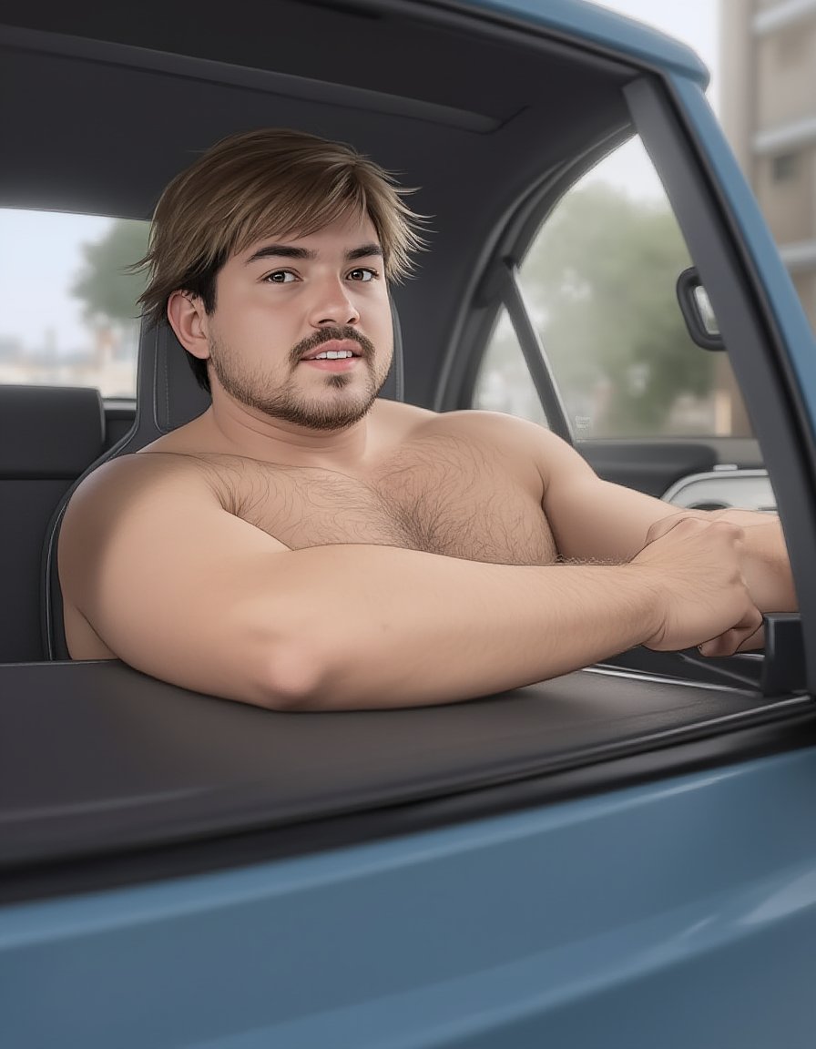 1boy,cnhairymale,male focus,cnhairymale,1boy,mature,hairy body,in the car, looking at view,<lora:FLUX_HairChub.TA_0921:0.9>