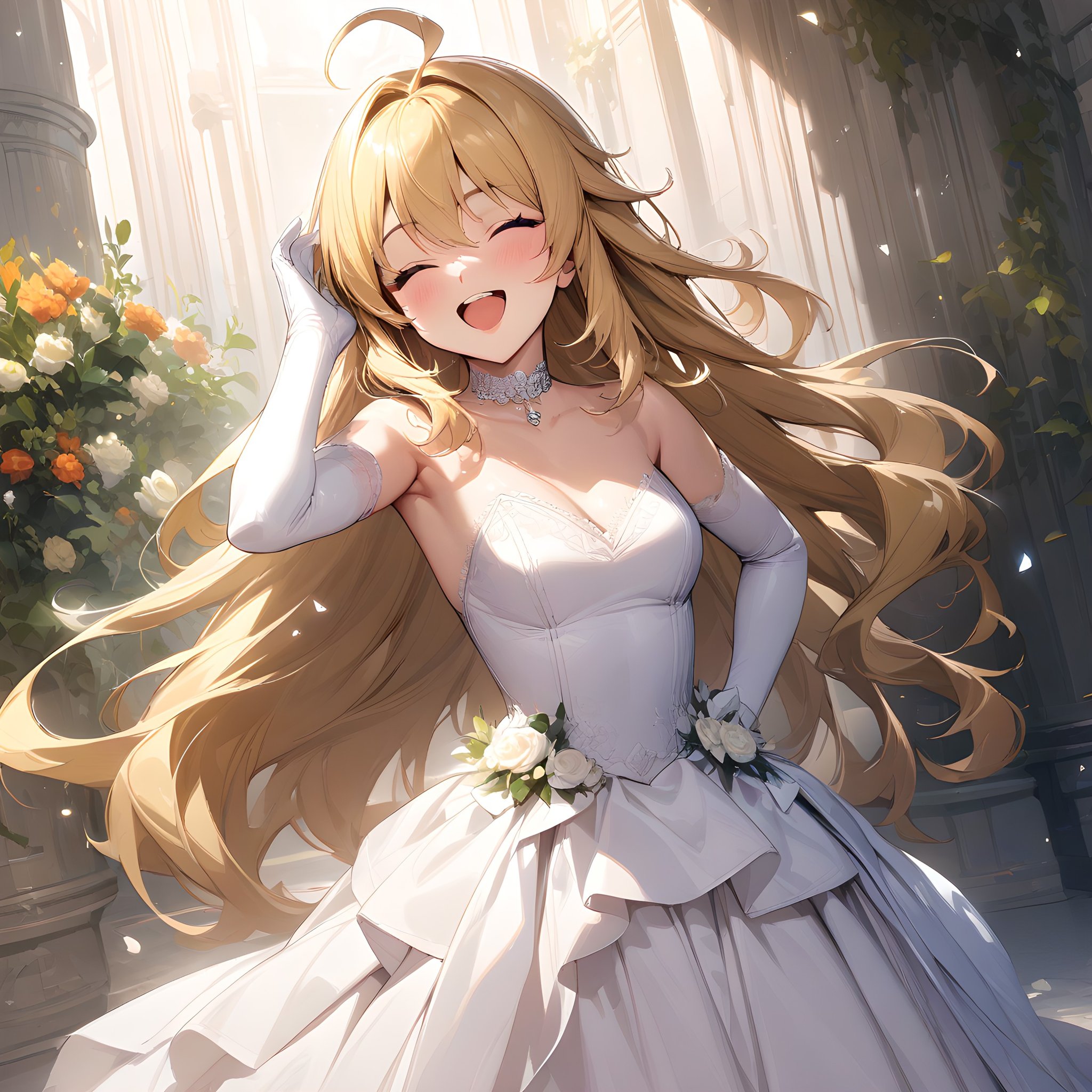 (masterpiece),(best quality),(ultra-detailed),(best illustration),(best shadow),(absurdres),(detailed background),(very aesthetic), hoshii_miki, 1girl, blonde hair, long hair, closed eyes, gloves, dress, elbow gloves, solo, flower, open mouth, wedding dress, choker, smile, ahoge, hand on hip <lora:Hoshii_Miki:1>