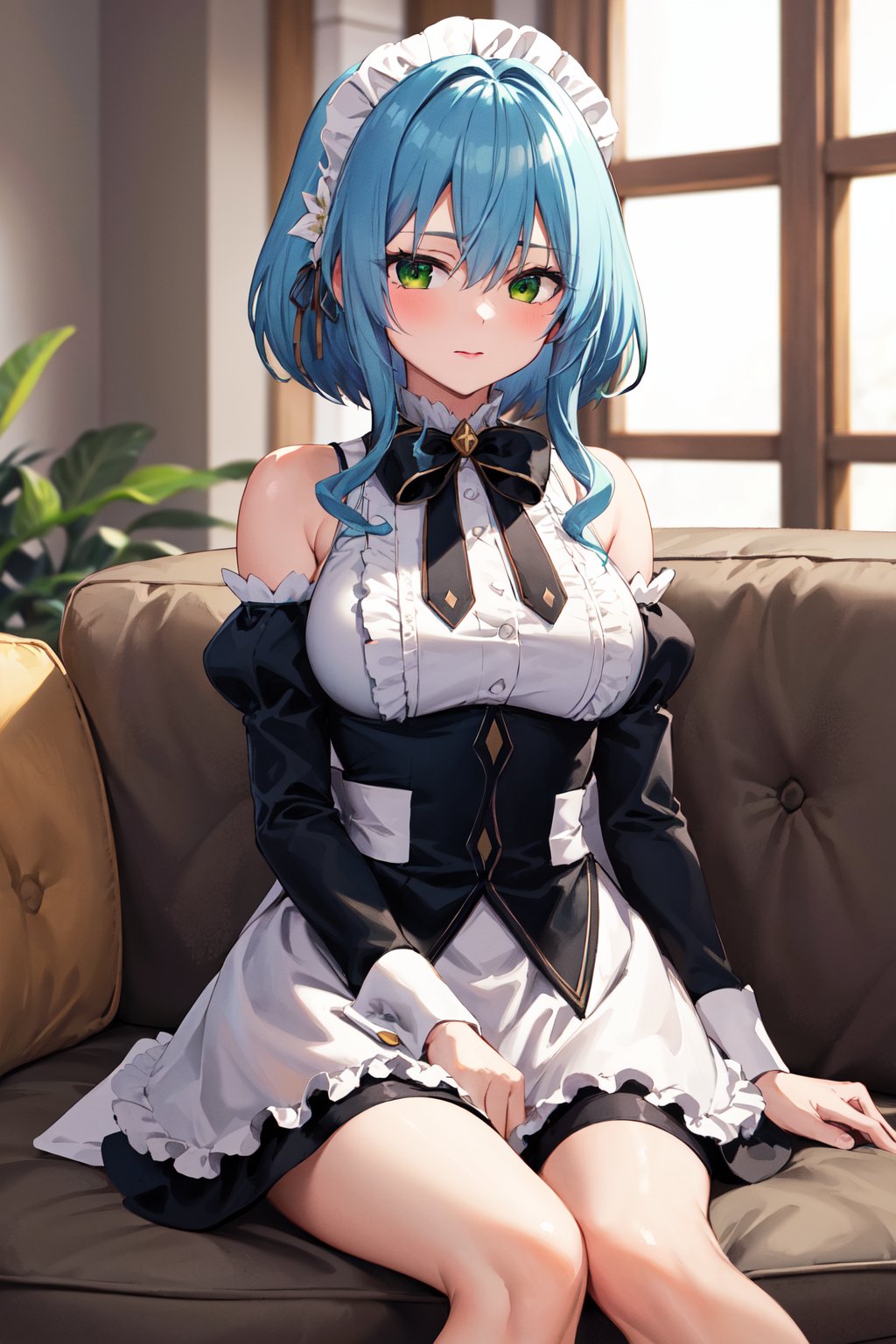 masterpiece, best quality, highres, aavillhaze, short hair, maid headdress, green eyes, breasts, maid, black bowtie, bare shoulders, frills, dress, underbust, detached sleeves, long sleeves, maid apron, <lora:villhaze_v1:0.7>, sitting, sofa, living room, indoors, 