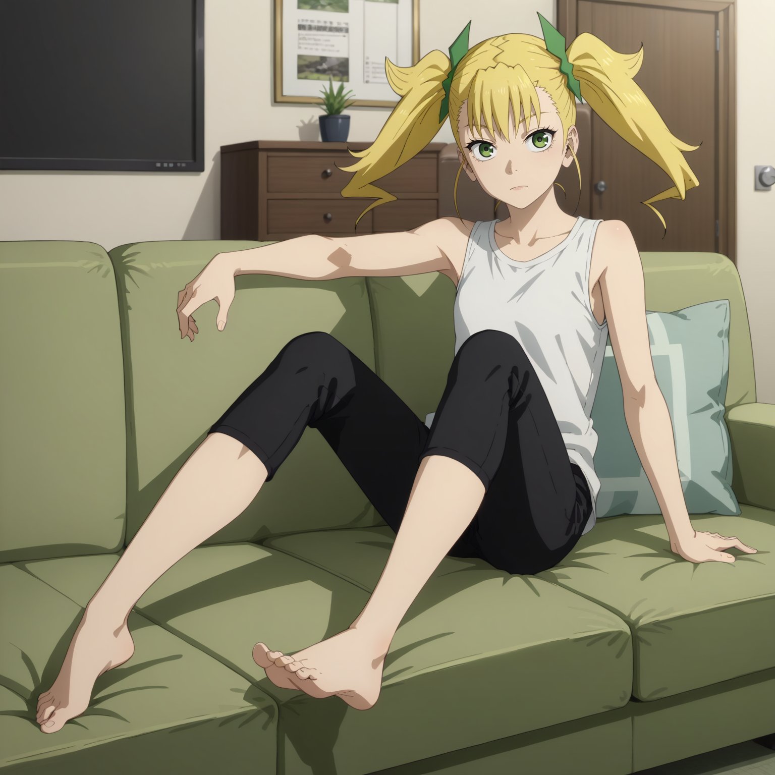 <lora:KikoruShinomiyaXLpony001>,solo,KikoruShinomiya,1girl,blonde hair,twintails,green eyes,full body,sofa,white t -shirt,sleeveless,black pants,barefoot,