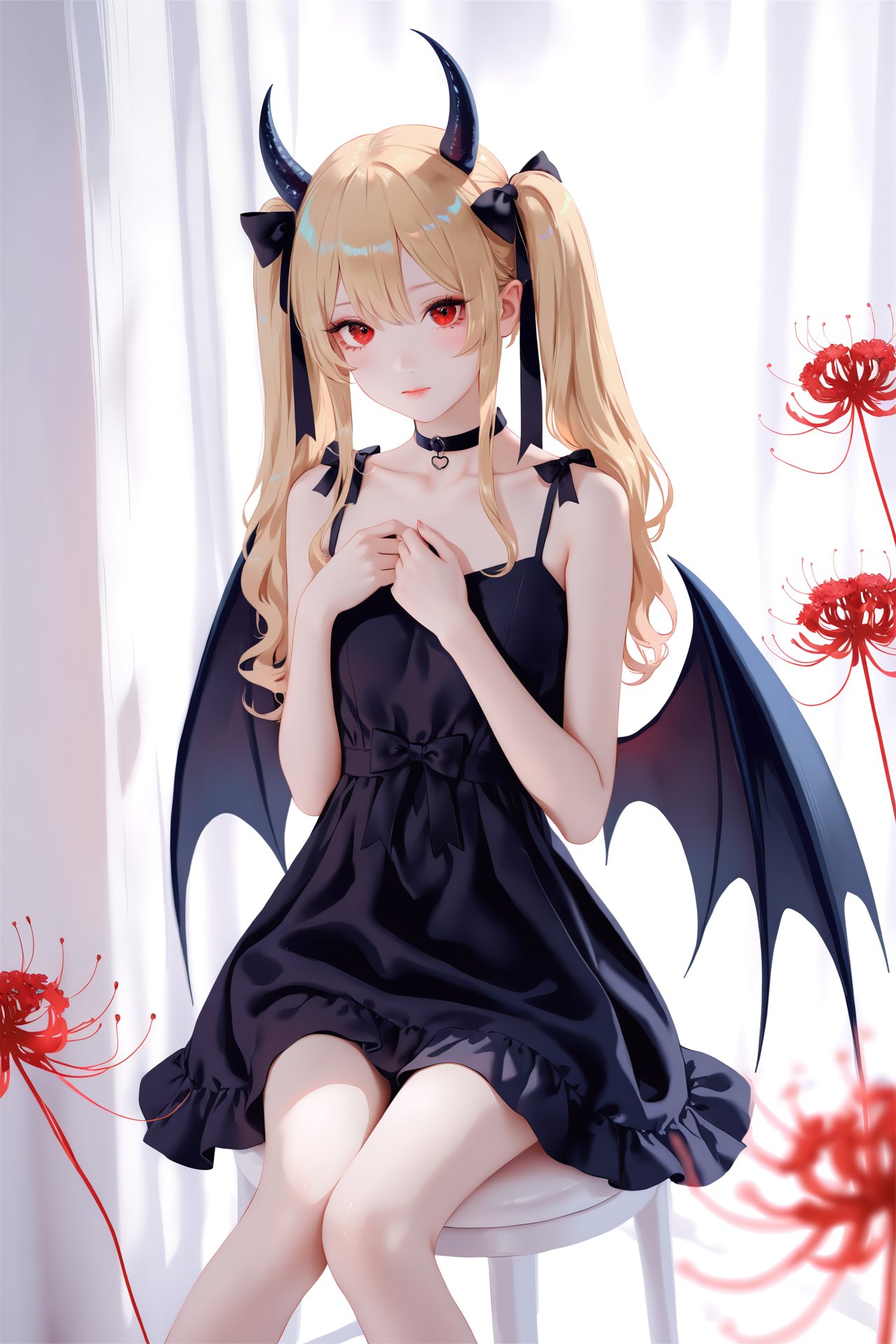 (masterpiece), (best quality), illustration, ultra detailed, hdr, Depth of field, (colorful),loli,[Artist:wlop],[[Artist:sheya]],Artist:hiten_(hitenkei),1girl, solo, dress, horns, red eyes, spider lily, twintails, sitting, black dress, sleeveless, flower, sleeveless dress, looking at viewer, collarbone, hair between eyes, wings, bow, closed mouth, red flower, choker, bare arms, hair bow, long hair, demon horns, bare shoulders, black bow, demon wings, chair, black choker, sidelocks, blush, breasts, feet out of frame, demon girl, white background, black wings, blonde hair