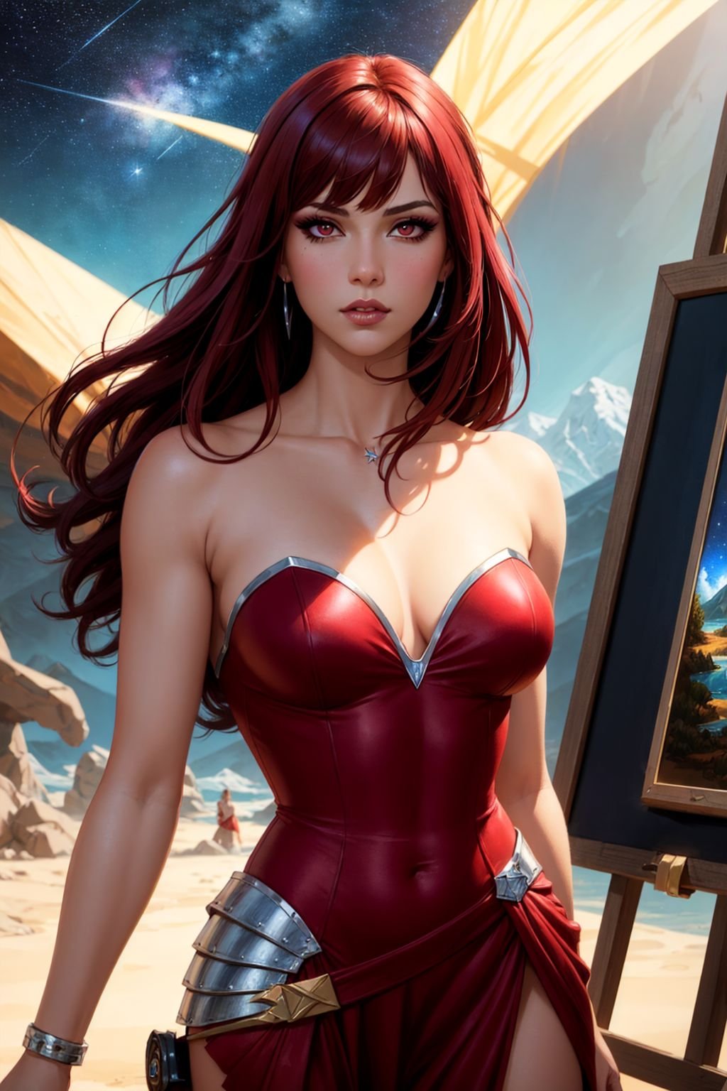 beautiful scarlet haired woman, red eyes, wearing armored strapless crimson dress with silver details, makeup, red eye shadow, detailed eyes, beautiful, long straight hair, bangs, jewelry, highly detailed, masterpiece, art by artgerm, by greg rutkowski, by ed blinkey, oil painting, vivid colors, outdoors, fantasy landscape, [starry sky : 10]