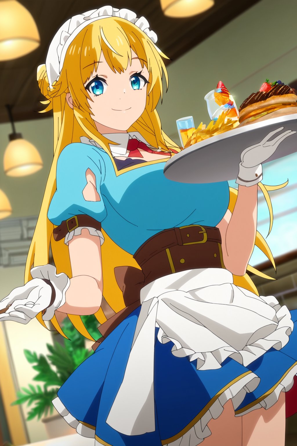 score_9, score_8_up, score_7_up, score_6_up, score_5_up, score_4_up, source_anime,ritto, single hair bun,1girl, solo, smile, apron, blue shirt, blue skirt, frilled apron, frills, gloves, head scarf, shirt, short sleeves, skirt, uniform, waist apron, waitress, white apron, white gloves, food, tray, food tray, indoors, restaurant, looking at viewer, dutch angle, cowboy shot,masterpiece, perfect face, best quality, beautiful girl, cute girl, beautiful eyes, shiny eyes, anime coloring, anime screencap, absurdres, award winning,<lora:ritto s1 WAI 902:1>