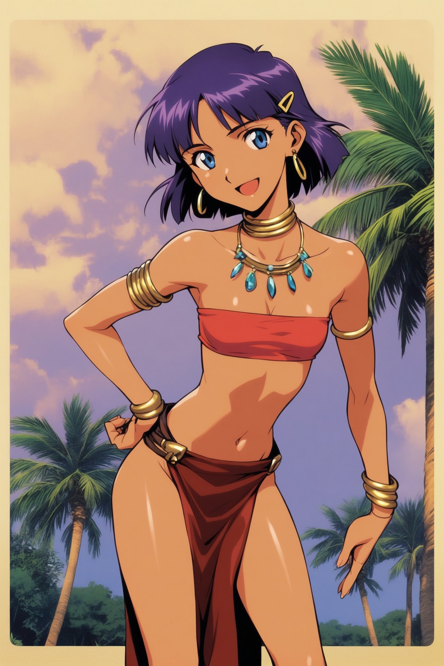 1girl,nadia la arwall,jewelry,solo,neck ring,purple hair,dark skin,dark-skinned female,short hair,tree,palm tree,bracelet,bandeau,necklace,strapless,earrings,tube top,vest,hair ornament,midriff,blue eyes,hairclip,loincloth,pelvic curtain,armlet,navel,smile,open mouth,pendant,<lora:Sadamoto Yoshiyuki_XL_V3:0.8>,