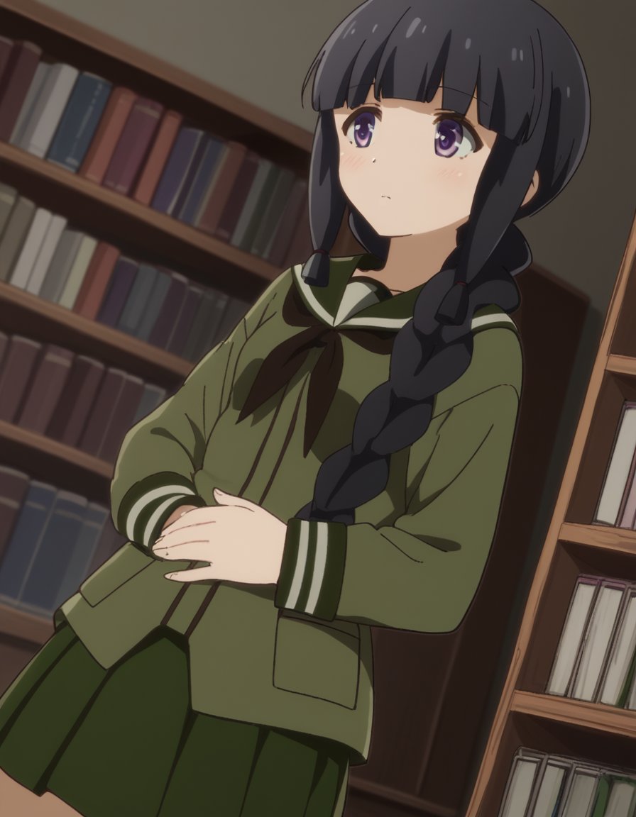 score_9, score_8_up, score_7_up, source_anime, <lora:kancolle-kitakami-s1-ponyxl-lora-nochekaiser:1>, kitakami, long hair, bangs, black hair, purple eyes, braid, blunt bangs, single braid, hair over shoulder, kitakami (kancolle), skirt, school uniform, serafuku, green skirt, pleated skirt, green shirt, green sailor collar, bookstore, browsing shelves, new book smell, finding a favorite, quiet atmosphere, , , hand on stomach, blush,, solo,, cowboy shot, dutch angle