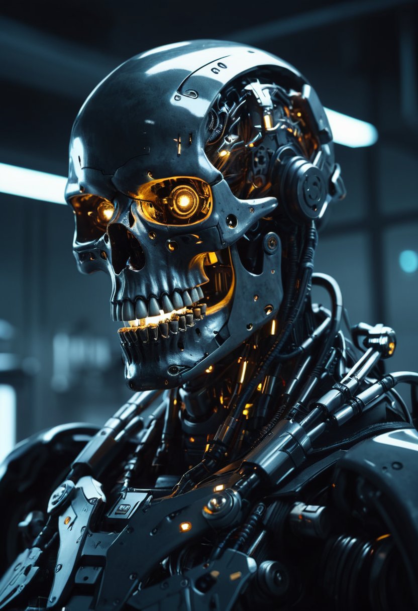 Cyberpunk, sci-fi, dark-fantasy, kodak portrait 400, 8k, soft light, volumetric lighting, highly detailed, britt marling style 3/4, portrait photo of a war man cyborg robot in a chemical laboratory + face, face is skullbone with scares, intricate, elegant, highly detailed, devil-armor, 2D motifs detailed dark fantasy digital painting, artstation, concept art, smooth, sharp focus, illustration, art by Otomo Katsuhiro and ShirÅ Masamune and Oshii Mamoru. Cosmic light in backfront