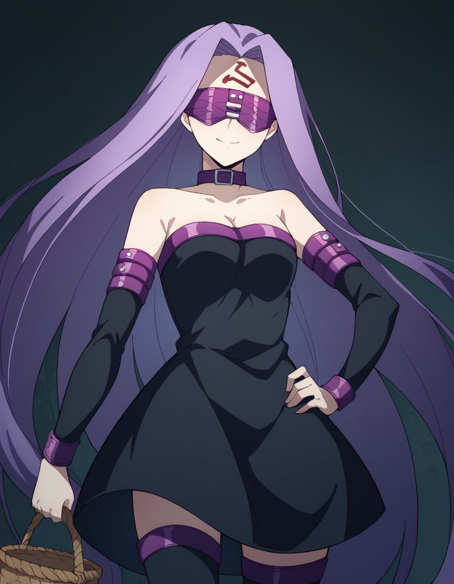 score_9, score_8_up, score_7_up, source_anime, <lora:medusa-rider-hf-movie-ponyxl-lora-nochekaiser:1>, medusa rider, long hair, very long hair, purple hair,, facial mark, forehead mark, thighhighs, dress, cleavage, bare shoulders, detached sleeves, black dress, collar, strapless, strapless dress, blindfold,, farmers market, fresh produce, local vendors, baskets, sunny day, community, smile, looking at viewer, arm outstretched, hand on hip, knee up, solo,, cowboy shot, dutch angle