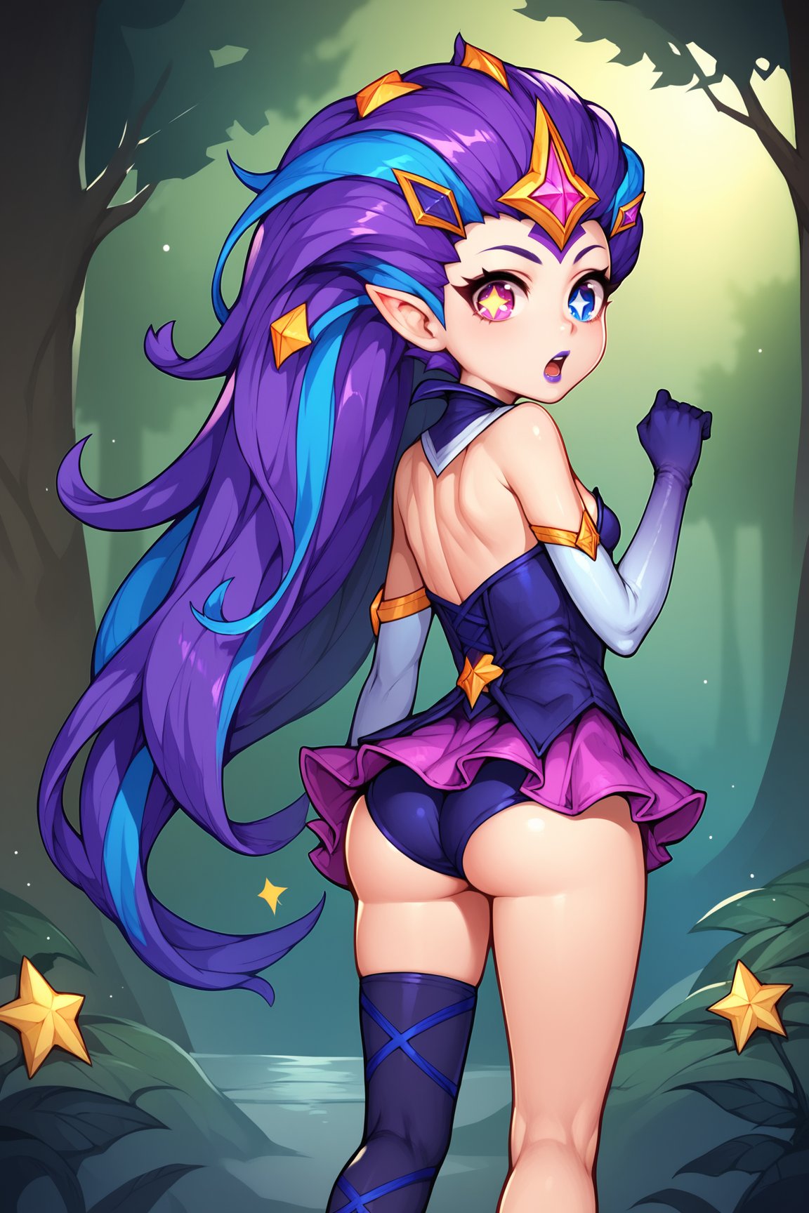 score_9, score_8_up, score_7_up, score_6_up, score_5_up, score_4_up, BREAK, ZoeSGXL, star guardian (league of legends), purple lips, purple eyes, (blue eye), heterochromia, star-shaped pupils, purple hair, blue hair, multicolored hair, long hair, gold star forehead, hair ornament, pointy ears, small breasts, bare shoulders, star (symbol), purple dress, purple elbow gloves, pink skirt, blue short, white single thighhigh, black thighhigh, solo, standing, from behind, ass focus, big ass, ass, surprised, looking at viewer, forest, tree <lora:ZoeSGXL:0.8>