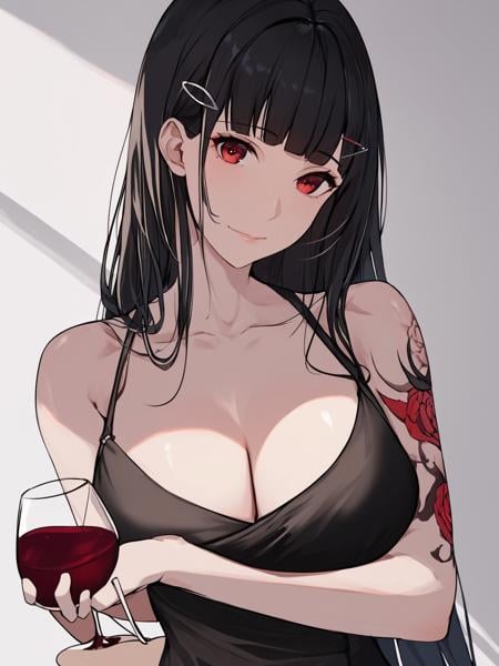 1girl, d \(killer wife\) \(nikke\), solo, long hair, looking at viewer, large breasts, black hair, hair ornament, white background, red eyes, holding, closed mouth, cleavage, bare shoulders, collarbone, sidelocks, sleeveless, hairclip, blunt bangs, black dress, sleeveless dress, holding cup, drinking glass, alcohol, arm tattoo, wine glass, shoulder tattoo, arm under breasts, wine, sensitive,very aesthetic,absurdres,newest,masterpiece,score_9,score_8_up,score_7_up,score_6_up,score_5_up,score_4_up,
