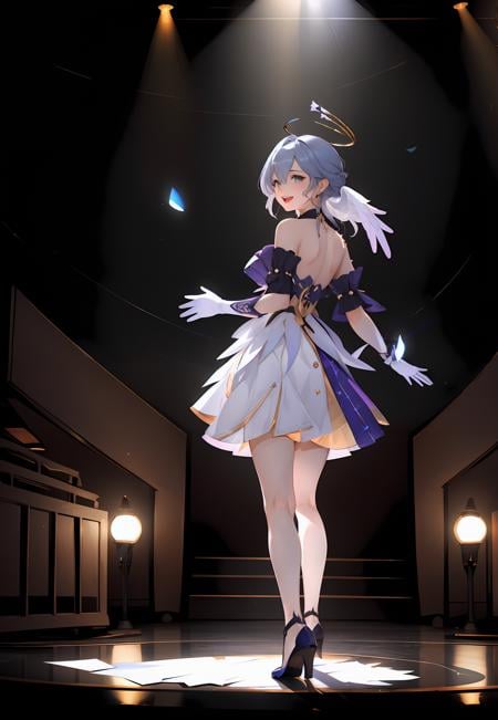 ((masterpiece,best quality)), absurdres, 1girl, robin, head wings, halo, white gloves, high heels, standing, (spotlight), stage, dark background, looking back, turnaround, smile, open mouth, depth of field, holding skirt