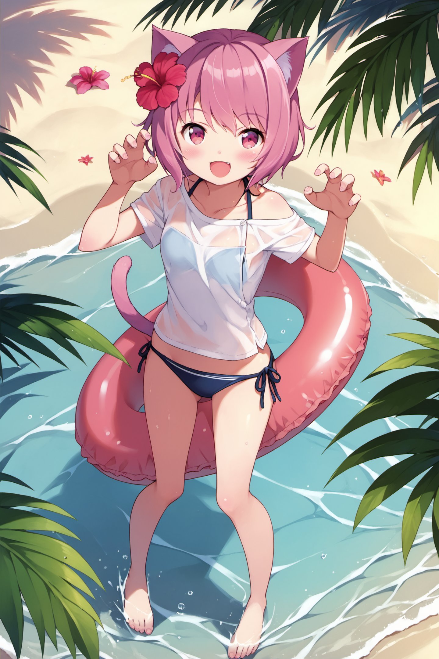 1girl,animal ears,solo,pink hair,flower,hair flower,tail,hair ornament,cat ears,swimsuit,cat tail,open mouth,innertube,bikini,barefoot,short hair,claw pose,looking at viewer,shirt,pink eyes,hibiscus,smile,water,beach,side-tie bikini bottom,full body,standing,:d,towel,white shirt,blush,outdoors,score_9,score_8_up,<lora:Kanzaki Hiro_XL_PONY:0.9>,