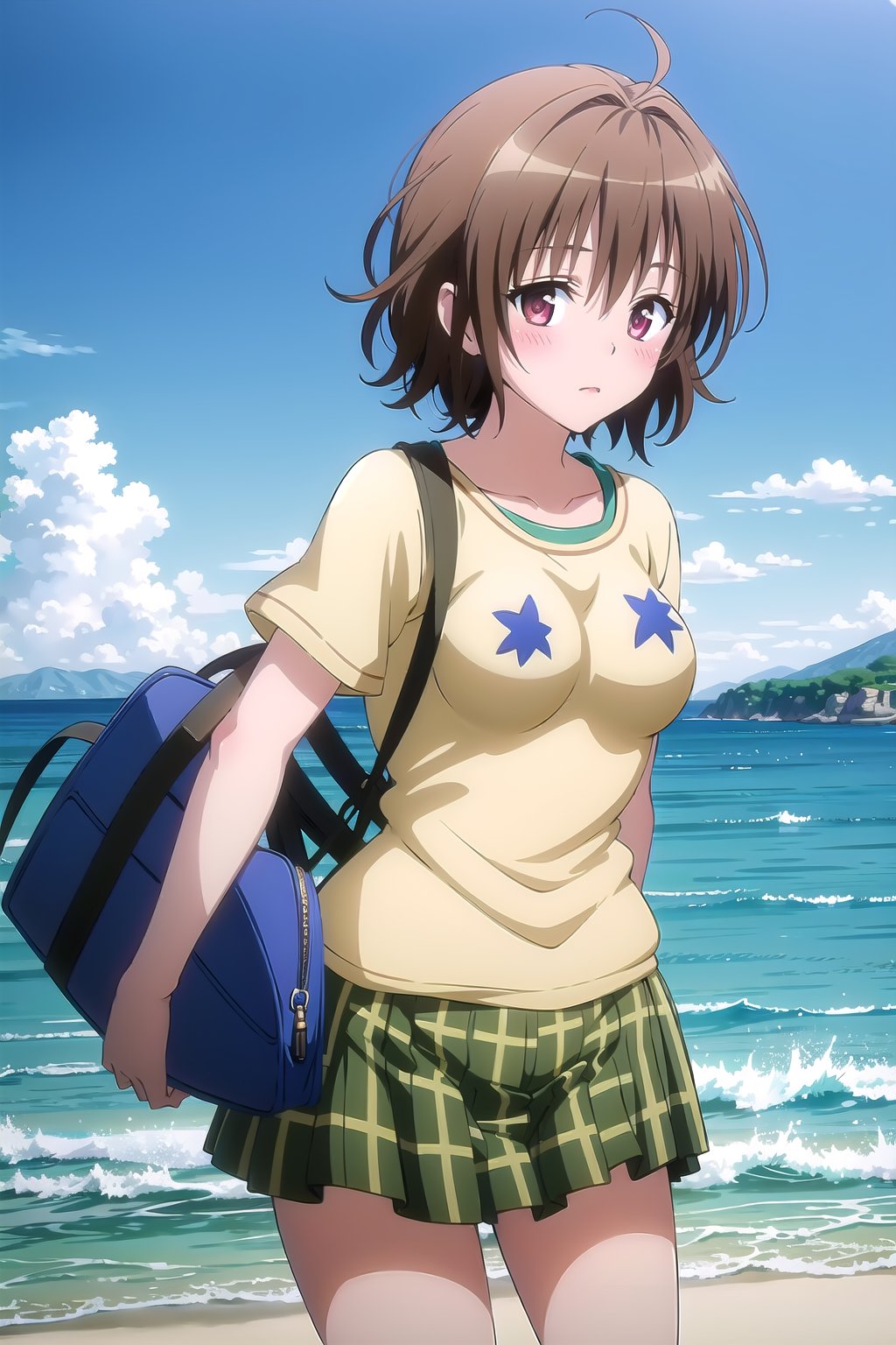 masterpiece, best quality, rito, 1girl, star \(symbol\), shirt, plaid skirt, shy, blush, breast grab, genderswap, genderswap \(mtf\), bag, beach, surfing, waves, (sunny day:1.1), sandy shore, ocean, freedom, (action:1.2), looking at viewer, <lora:toloveall_V2-000006:0.8>