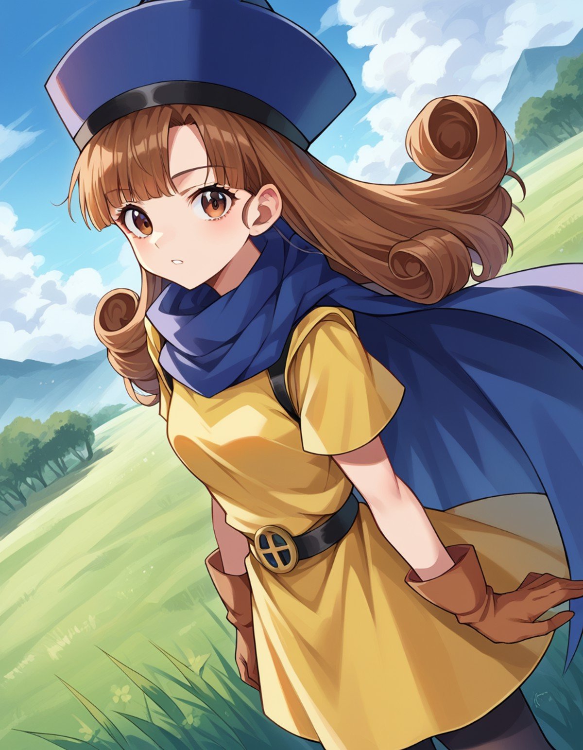 score_9, score_8_up, score_7_up, source_anime,dqalena, <lora:dq-alena-ponyxl-lora-nochekaiser:1>,alena, brown eyes, brown hair, curly hair, long hair,cape, dress, gloves, hat, pantyhose, yellow dress, scarf, short sleeves,outdoors, plains, grass,looking at viewer, dutch angle, cowboy shot,