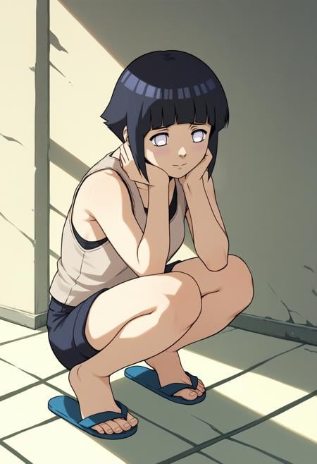 score_9, score_8_up, score_7_up, score_6_up, score_5_up, score_4_up, source_anime,BREAK1girl, hyuuga hinata, white eyes, no pupils, short hair, black hair, blunt bangs, shiny hair, shy, light smile, squatting, tank top, shorts, flip flops, dappled sunlight, <lora:HinataGeninXL:0.85>