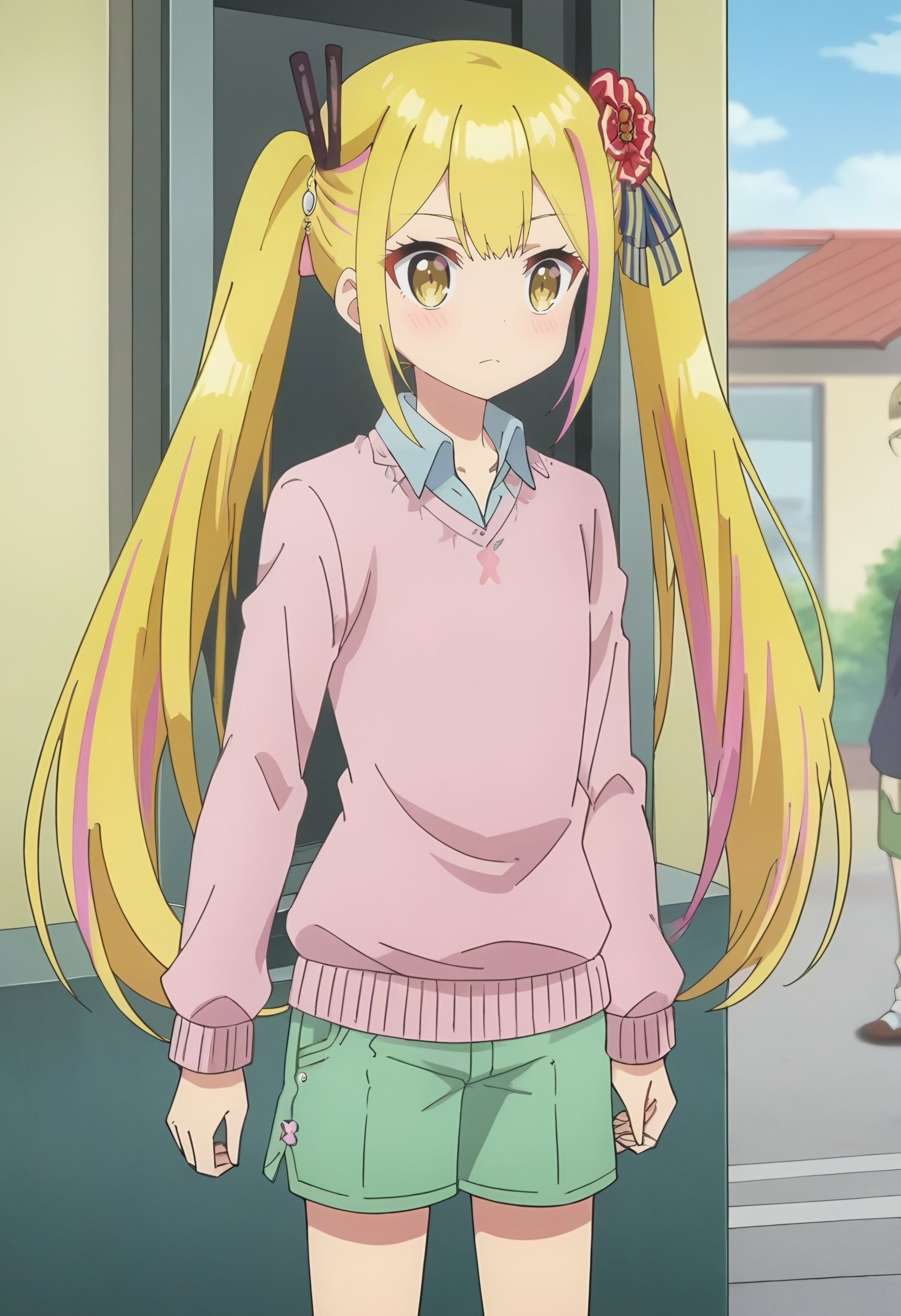 <lora:Sara de Odin:1> sara de odin, blonde_hair, long_hair, 1girl, multicolored_hair, twintails, streaked_hair, pink_hair, hair_ornament, solo, yellow_eyes, bangs,   green_shorts, sweater, pink_sweater, collared_shirt, score_9, score_8_up, score_7_up, , anime coloring ,BREAK source_anime, anime