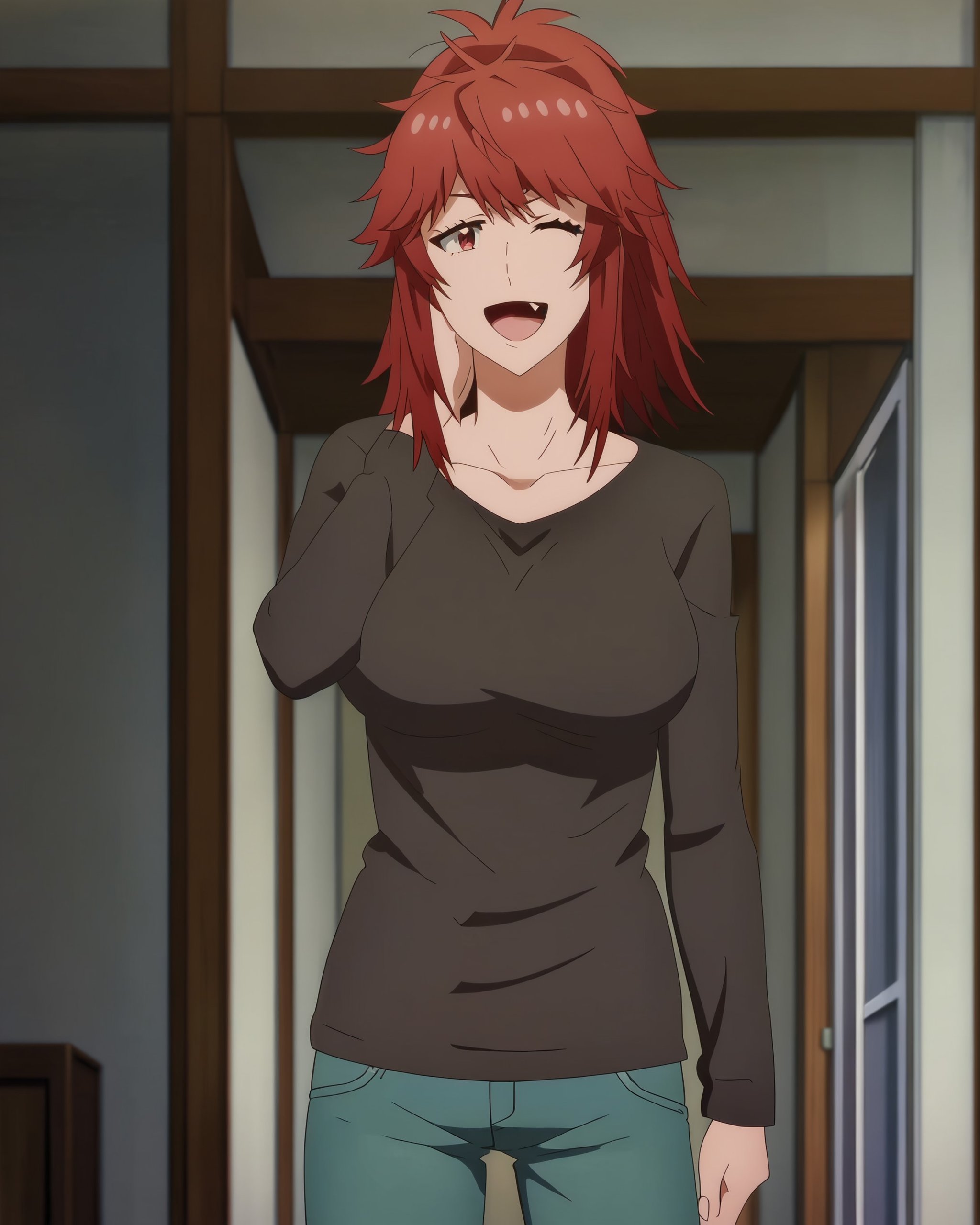 score_9, score_8_up, score_7_up, source_anime, indoors, tomo-chan is a girl artstyle, official anime artwork, screencap, anime screencap, masterpiece, BREAK<lora:Akemi_Aizawa:1>1girl, Akemi Aizawa, red hair, red eyes, fang out, collarbone, large breasts, sidelocks, ponytail, long hair, bangs, messy hair,black shirt, jeans, long sleeves,girl doing a sexy pose, looking at the viewer, big smile, sexy wink, mouth open, sticking tongue out at viewer,