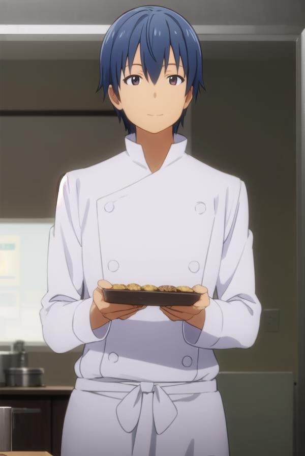 hiroomisouma, <lora:hiroomi souma s2-lora-nochekaiser:1>,hiroomi souma, (brown eyes:1.3), blue hair, male focus, smile,BREAK apron, buttons, waist apron, white pants, chef,BREAK indoors, restaurant,BREAK looking at viewer, (cowboy shot:1.5),BREAK <lyco:GoodHands-beta2:1>, (masterpiece:1.2), best quality, high resolution, unity 8k wallpaper, (illustration:0.8), (beautiful detailed eyes:1.6), extremely detailed face, perfect lighting, extremely detailed CG, (perfect hands, perfect anatomy),