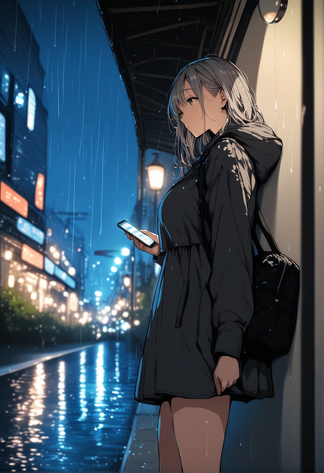 score_9, score_8_up, score_7_up, score_6_up, source_anime, <lora:BLE 0.1v:1>, BLE, 1girl, solo, long hair, long sleeves, tall female, large breasts, dress, holding, standing, jacket, grey hair, outdoors, hood, bag, blurry, from side, feet out of frame, blurry background, night, depth of field, phone, cellphone, smartphone, hood up, holding phone, rain, city, looking at phone, train station, leaning back, against wall, green eyes,