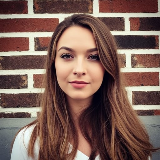 An analog photo of a beautiful 25-year-old Caucasian woman with light brown hair standing in front of a brick wall.