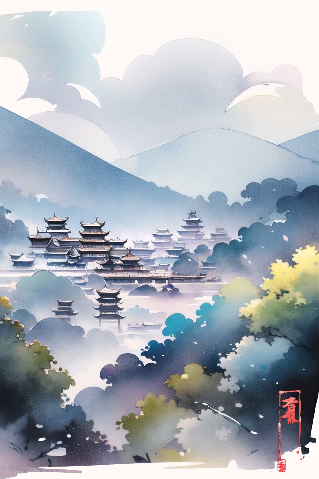 watercolor_(medium),chinese landscape,lightblue,