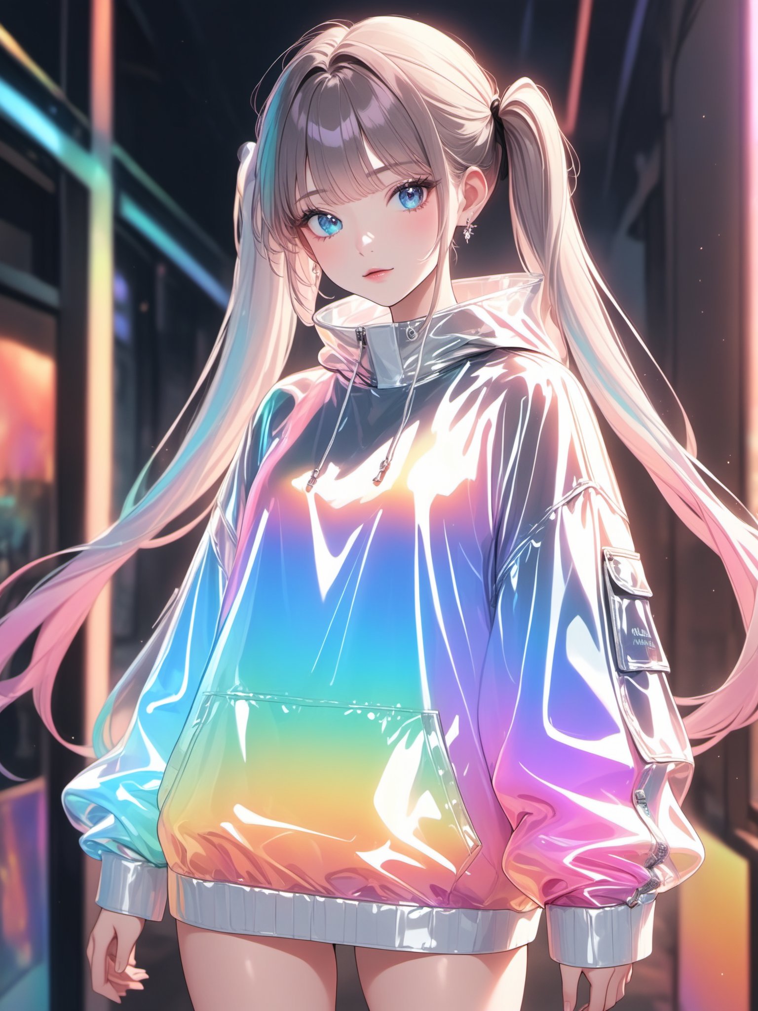 best quality,masterpiece,cute twintails,ombre hair,clear PVC clothing,clear vinyl clothing,prismatic,holographic,chromatic aberration,fashion illustration,masterpiece,fashion girl,watcher,8k,ultra detailed,