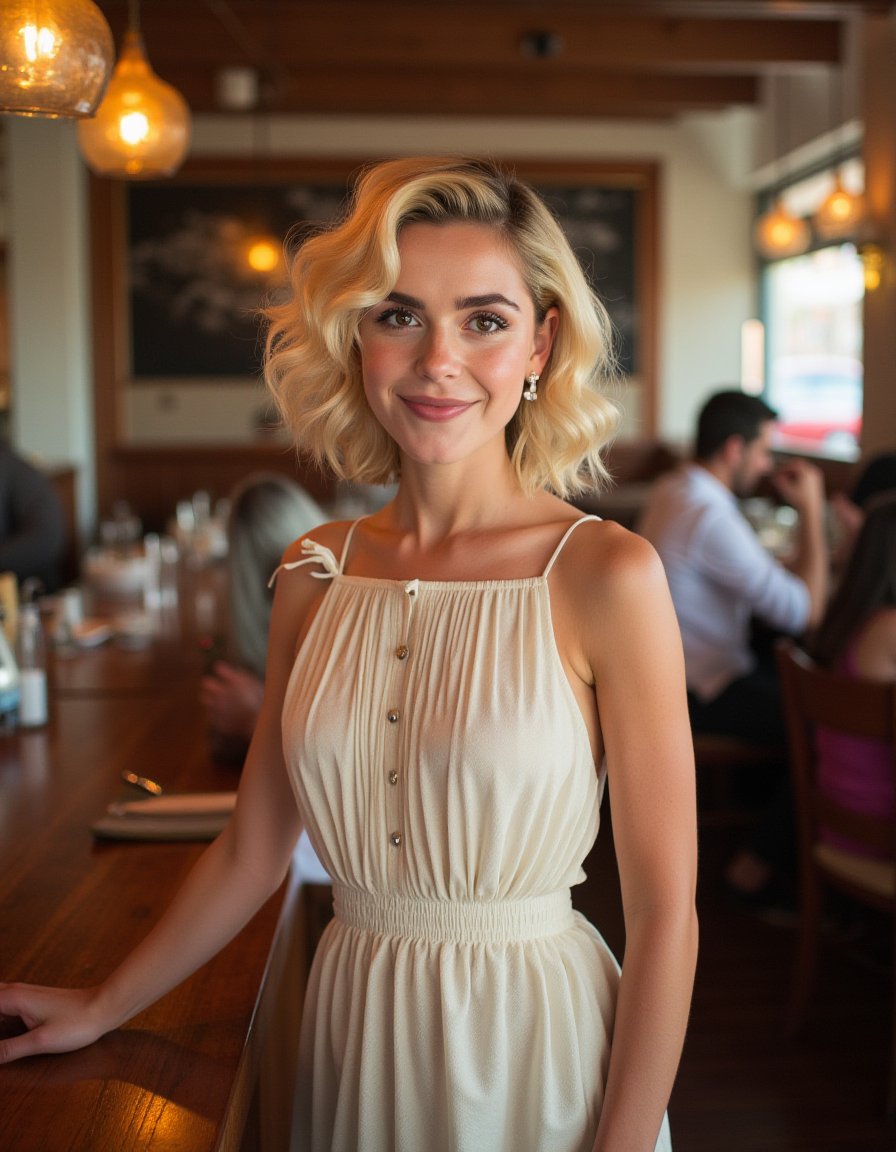 <lora:Kiernan_Shipka_Flux:1>,  blonde, short wavy hair, wearing a dress, standing in cafe looking at the viewer, smiling  