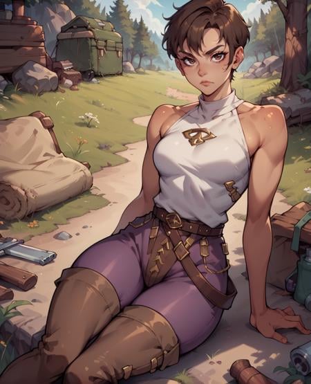 score_9,score_8_up,score_7_up,cascaxl,brown eyes,brown hair,short hair,purple pants,white shirt,bare shoulders,belt, brown thigh boots, serious,camp,plains,looking at viewer,outdoors,<lora:cascaXL:0.8>,