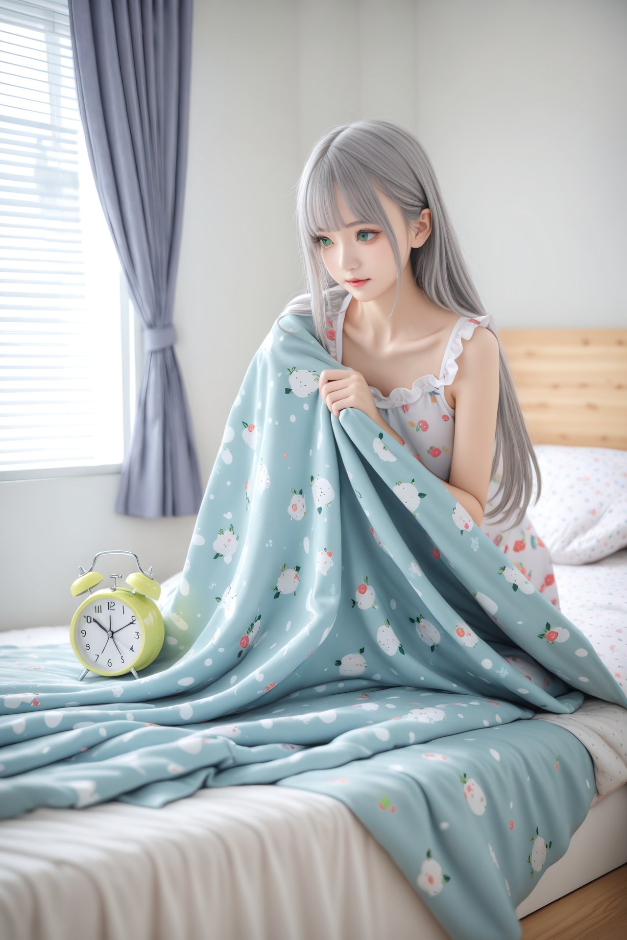 masterpiece,best quality,illustration,ultra detailed,hdr,Depth of field,(colorful),loli,1girl,clock,solo,alarm clock,under covers,green eyes,bed,long hair,pillow,indoors,sunlight,curtains,pajamas,grey hair,blanket,window,collarbone,bangs,