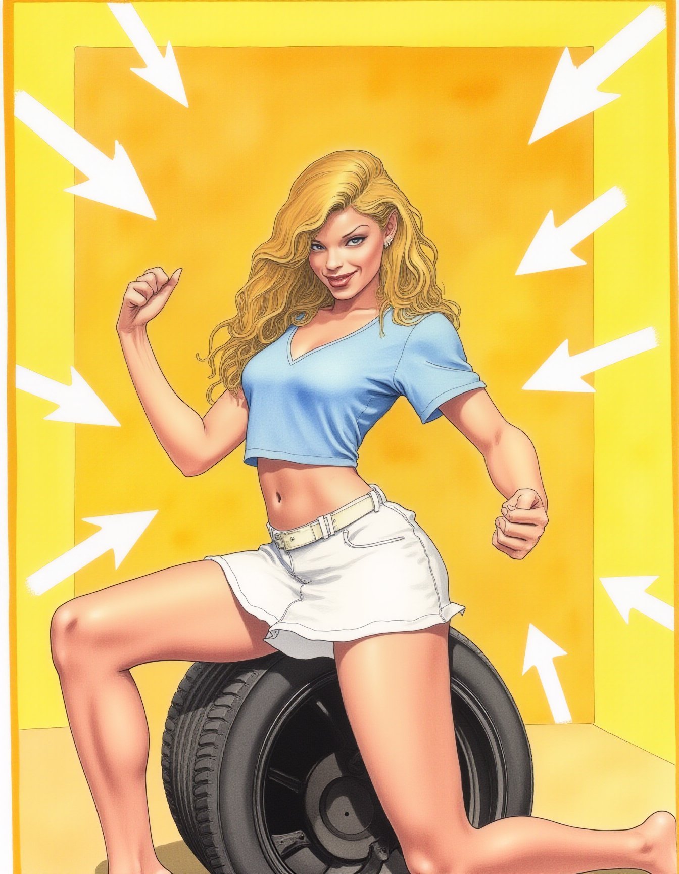 young woman with long, wavy blonde hair in a light blue crop top and white mini skirt, confidently seated on a tire. A centered composition showcasing her assertive pose with a fierce expression. Directional arrows in the vibrant background suggest paths and choices. The minimalistic surroundings enhance her strong presence. A dynamic watercolor with comic book style, utilizing soft brush strokes and lively colors. Warm yellow-orange lighting creates an energetic atmosphere with subtle shadows. <lora:m4n4r4 v2 by Devildonia:1> m4n4r4