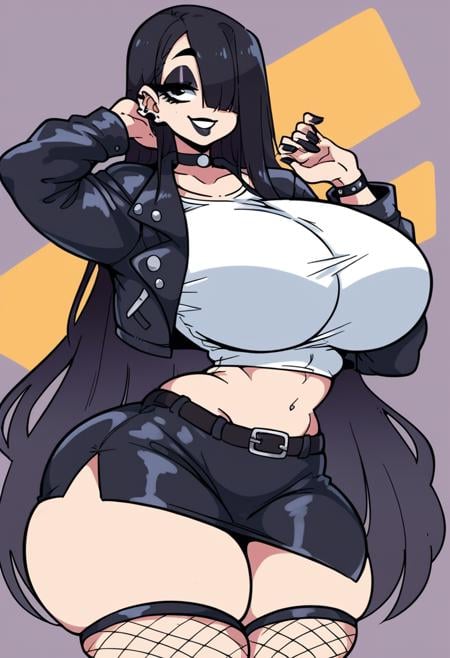 1girl, female, very long hair, hair covering left eye, straight black hair, huge breasts, wide hips, thick thighs, tight clothes, cropped jacket, skirt, goth, choker, nightclub background, smile, fishnets, white top BREAK score_9, score_8_up, score_7_up, score_6_up, source_cartoon, rating_safe <lora:inakotho-superlight:1>