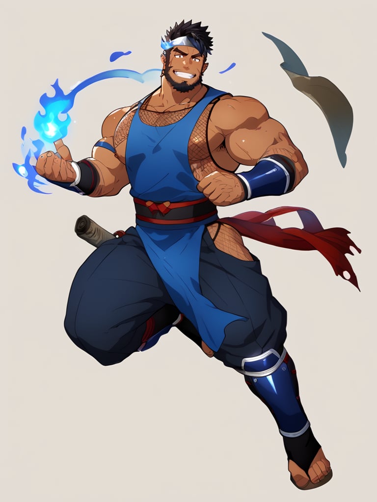 score_9,score_7_up,score_6_up,score_5_up,score_4_up,solo, 1boy, bara, muscular male, muscular, male focus, pectorals, facial hair, blue fire, beard, mature male, ninja, scar on face, scroll, fire, thighs, nipples, scar, scar on cheek, dark skin, short hair, thick thighs, looking at viewer, large pectorals, smile, chest hair, fishnet top, japanese clothes, black hair, dark-skinned male, fishnets, thick eyebrows, gauntlets, sidepec, tank top, pelvic curtain, full body