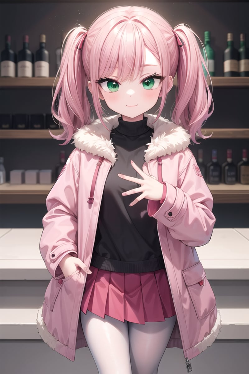 insanely detailed, absurdres, ultra-highres, ultra-detailed, best quality,1girl, solo, nice hands, perfect handsBREAK(pink and white theme:1.4), (Wearing a (long sleeve pink coat with fur color) over a white high neck blouse:1.4), (fur cuffs:1.3), (double pillar button:1.3), (pocketless:1.4), (plain ivory-white pantyhose:1.4), (pink heeled boots with lace-up:1.2)BREAK(wine-red pleated skirt:1.3)BREAK(nsfw:-1.5)BREAKhappy smile, laugh, closed mouthBREAK(45 angle:-1.5), (from side:-1.5),standing, cowboy shot, looking at viewerBREAKslender, kawaii, perfect symmetrical face, ultra cute girl, ultra cute face, ultra detailed eyes, ultra detailed hair, ultra cute, ultra beautifulBREAKin school ground, depth of field, ultra detailed backgroundBREAKmedium large breastsBREAKhime cut, (twintails:1.3), messy hair, medium hair, (red brown hair, emerald green eyes:1.3)<lora:eyecolle_marigold_v100:0.5> <lora:eyecolle_artemisia_v100:0.5>