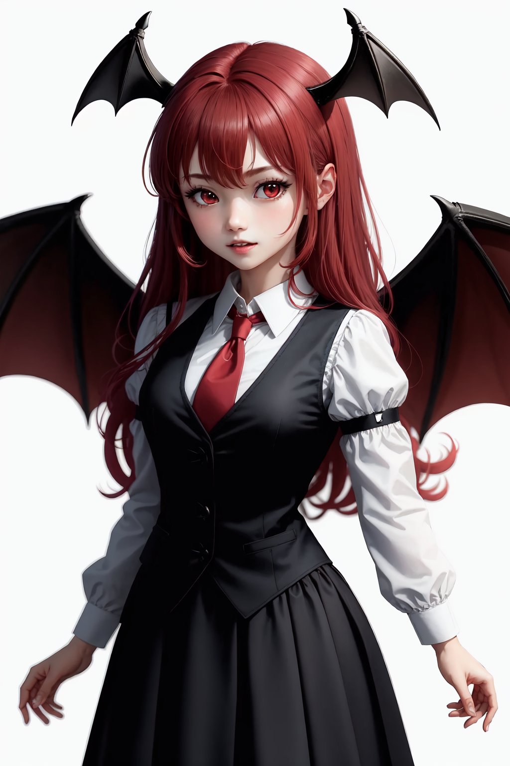 koakuma,1girl,head_wings,bat_wings,solo,red_necktie,open_mouth,black_vest,white_shirt,looking_at_viewer,simple_background,blush,long_sleeves<lora:koakuma:1>,simple background,white backgroundmasterpiece,best quality, highly detailed, 