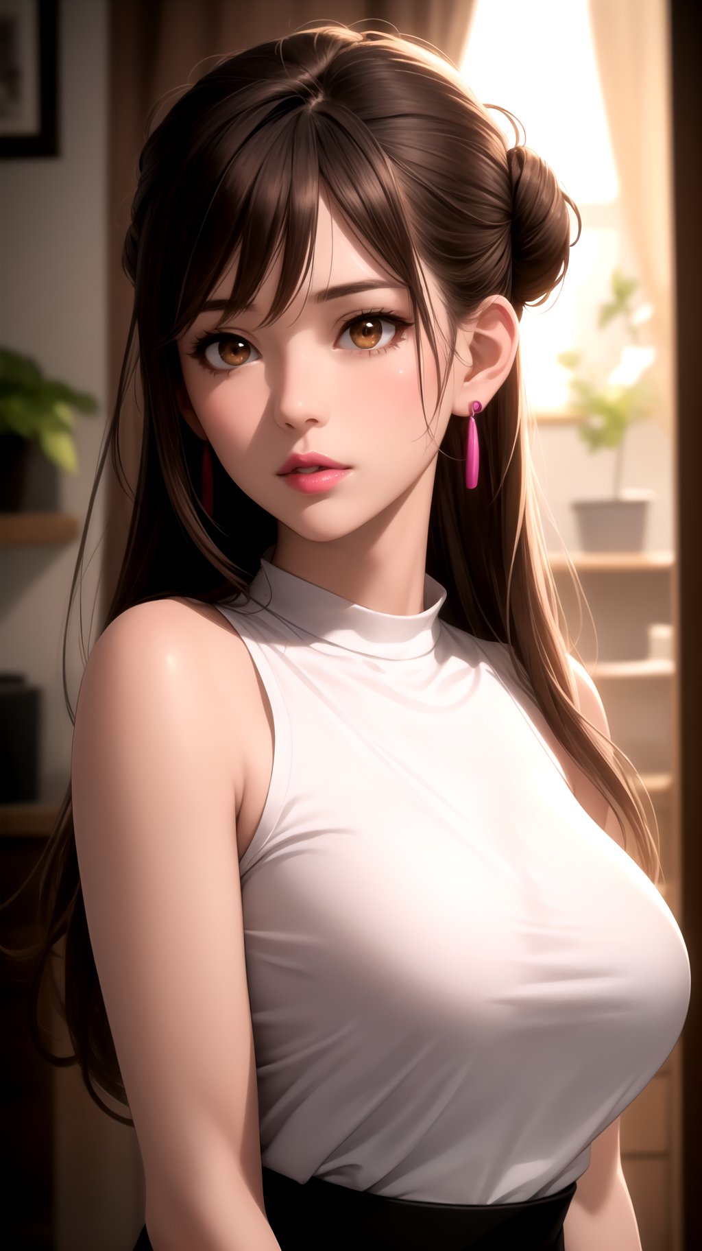 (masterpice, best quality), (ambient soft lighting:1.3), 1girl, mature female, brown skin, brown hair, brown eyes, lips, straight hair, sleek bun, large breasts, earrings, Fuchsia matte lipstick