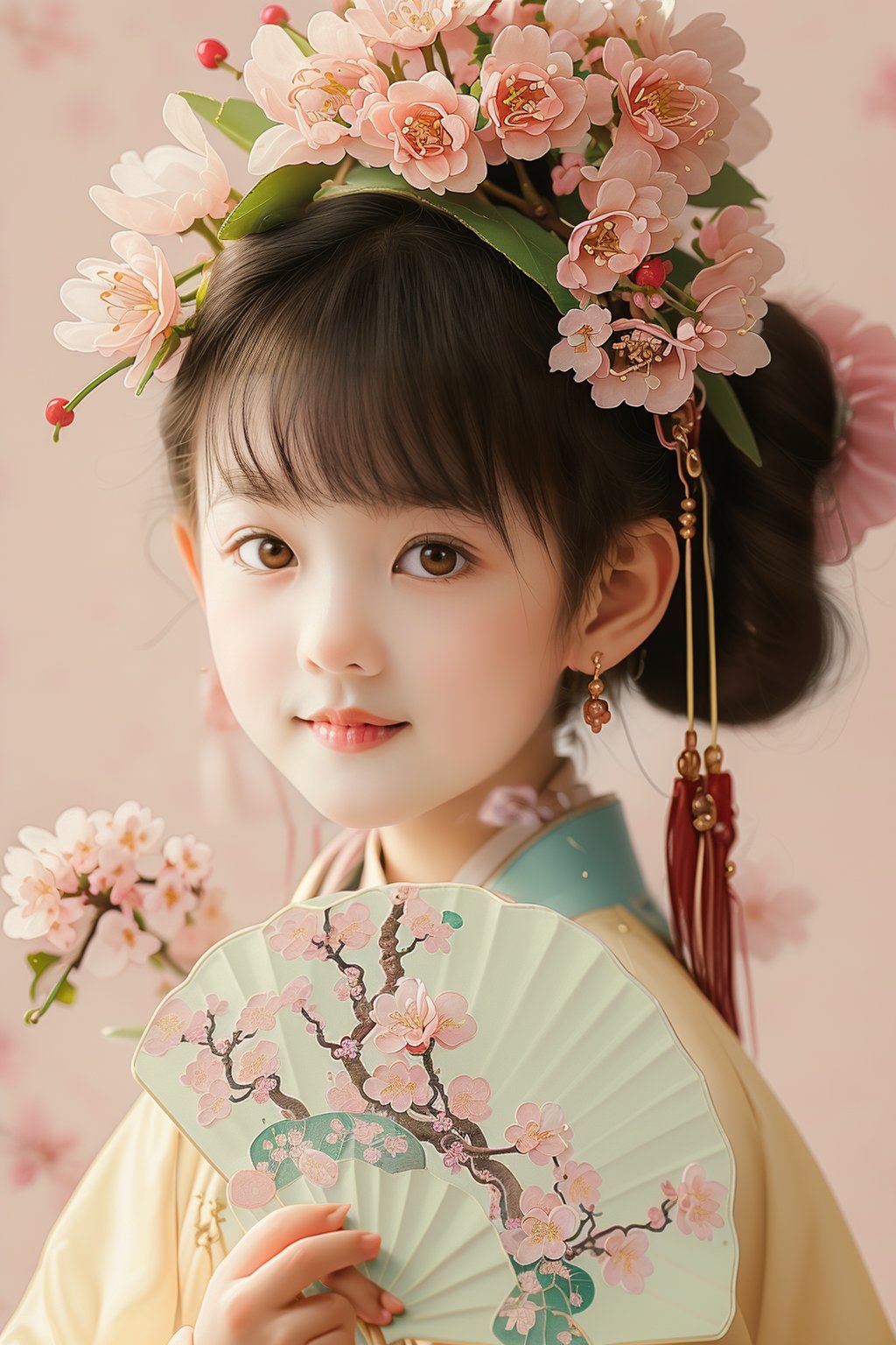 (masterpiece, top quality, best quality, official art, beautiful and aesthetic:1.2), 1girl, 3 year's old ,super cute,chibi face,front view,hold a fan,full body,(cherry Blossom Scroll as Background:1.3),smile,very happy,super realistic,ultra detailed,<lora:儿童簪花-000005:0.8>,photography