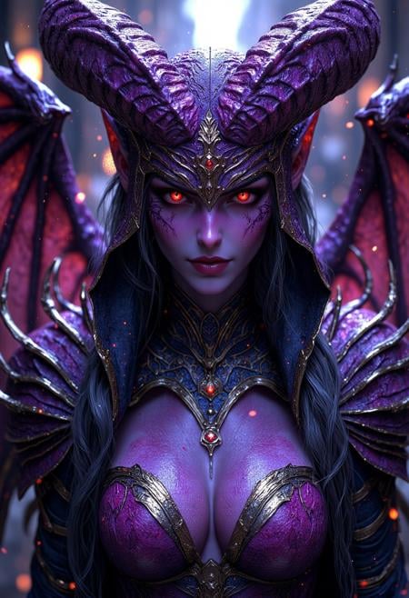 Cinematic full body shot of a beautiful female demon, purple skin, black long hair, purple horns, glowing eyes, big demon wings on her back, wearing shiny armor, hkevil, mythp0rt, amazing quality