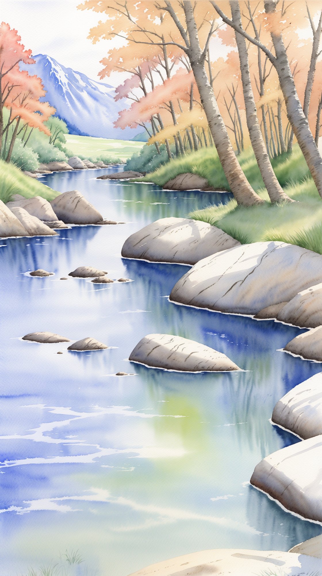 no humans,outdoors,scenery,tree,rock,water,nature,day,grass,river,watercolor painting,<lora:shuicaihua:0.8>,