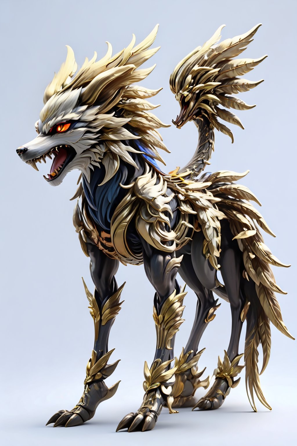 wolf, no humans, sharp teeth, white background, solo, full body, yellow eyes, simple background, teeth, claws, open mouth, feathers, wolf, colored sclera, standing, tail, monster, from side, black sclera, animal