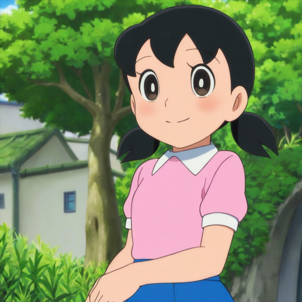 minamoto shizuka,1girl, solo,1girl, solo, twintails, black hair, skirt, smile, outdoors, shirt, blue skirt, looking at viewer, black eyes, pleated skirt, short sleeves, pink shirt, blush, closed mouth, day, tree, collared shirt, short twintails, low twintails, upper body, grass,child,masterpiece, perfect face, best quality, beautiful eyes, shiny eyes, anime coloring, anime screencap, absurdres, award winning,masterpiece, perfect face, best quality, beautiful girl, cute girl, beautiful eyes, shiny eyes, anime coloring, anime screencap, absurdres, white background, simple background,<lora:minamoto shizuka aam 905:0.8>