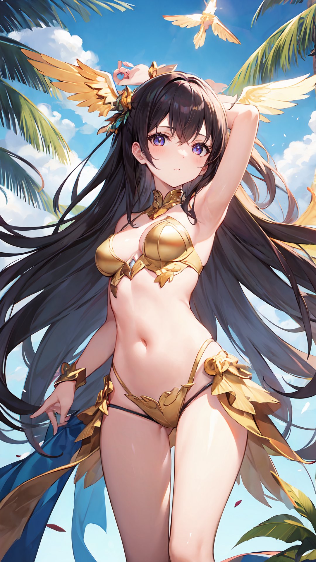 (a girl appeared at the front:1.3),(golden wings:1.3),appearing on camera above the thighs,panorama,side light shining on the face,oblique perspective,simple background,cloud,sky,palms_together,raise your head,