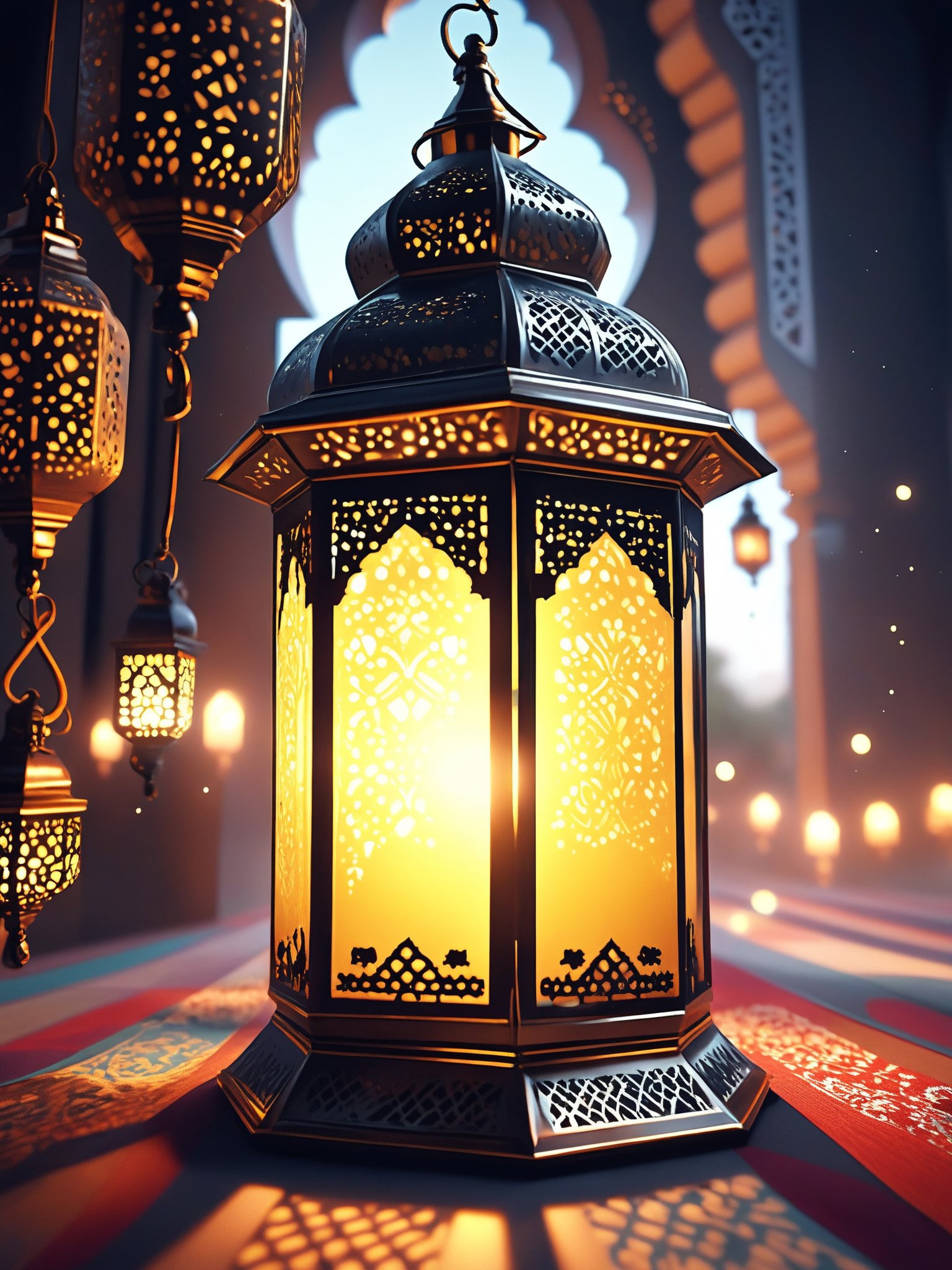 ramadan lantern, epic action, Unreal Engine, cinematic award winning artwork, many details, extreme detailed, full of details,Wide range of colors., dramatic, Dynamic,Cinematic,Sharp details, Insane quality. Insane resolution. Insane details. Masterpiece. 32k resolution. casting shadow style, cucoloris patterned illumination,  dvr-lnds-sdxl, ral-dissolve, ral-ertmsphr, ral-porcelain, ral-pxlprtcl, Niji, aidma-niji