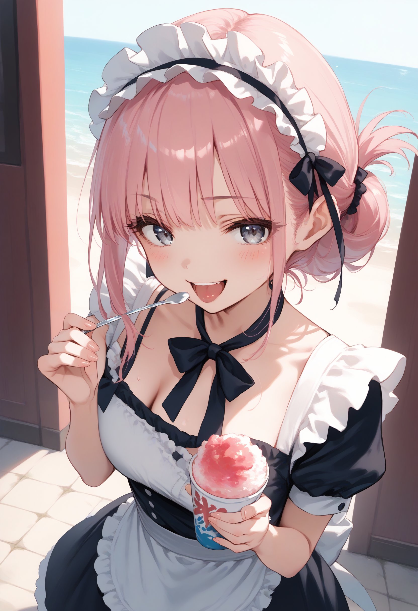 score_9, score_8_up, score_7_up, source_anime,1girl,solo,medium breasts, maid, maid headdress,shaved ice,<lora:shavedice_Pony_v1:0.8>holding drinking straw, spoon straw, eating,from above, wide shot, looking at viewer, pink hair, silver eyes,smug, resort hotel, open mouth, folded ponytail hair,,