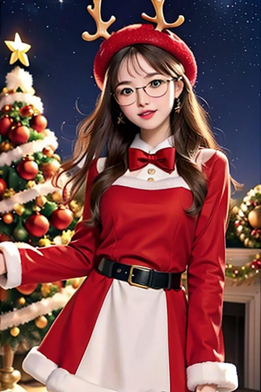 (masterpiece:1.2), best quality, masterpiece, highres, original,perfect light, 4k,8k,1girl, antlers, aurora, bell, belt, blue eyes, bobblehat, bow, candy cane, christmas, christmas lights, christmas ornaments, christmas tree, deer ears, earrings, fake antlers, fake facial hair, fake mustache, fireplace, fireworks, fur-trimmed capelet, fur-trimmed dress, fur-trimmed headwear, fur-trimmed skirt, fur-trimmed sleeves, fur trim, gift, gift bag, gift box, glasses, green bow, hat, holding sack, holly, jewelry, long hair, long sleeves, looking at viewer, merry christmas, night, night sky, ornament, pine tree, pom pom \(clothes\), red bow, red capelet, red dress, red headwear, red jacket, reindeer, reindeer antlers, reindeer costume, sack, santa bikini, santa boots, santa costume, santa dress, santa gloves, santa hat, shooting star, sky, smile, snow, snowing, solo, star \(sky\), star \(symbol\), star earrings, starry sky, wreath, <lora:christmas:0.7>