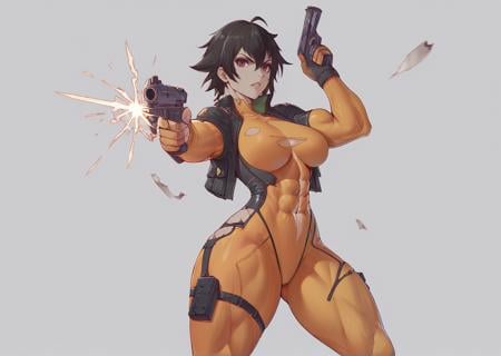 score_9, score_8_up, score_7_up, best quality, highest scoremuscular female, body suit, looking at viewer, damaged clothing, aiming a gun<lora:Melowh_Artist_Style_PonyXL:1>