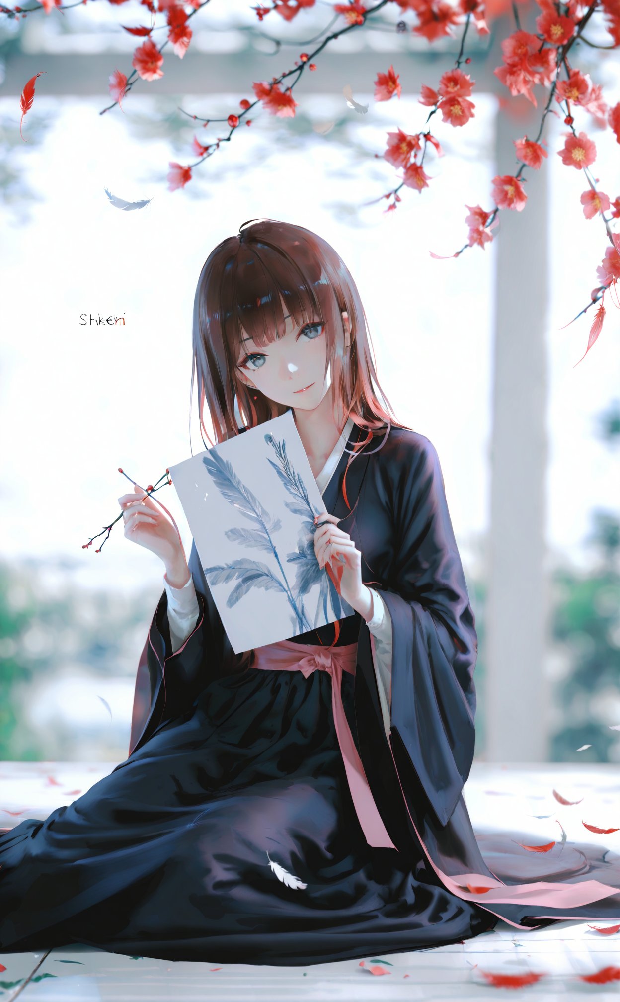 (masterpiece),(best quality),illustration,ultra detailed,hdr,Depth of field,(colorful),[Artist:wlop],[[Artist:sheya]],Artist:hiten_(hitenkei),mmd,hanfu,1girl,solo,long hair,dress,branch,holding,looking at viewer,feathers,brown hair,long sleeves,black dress,head tilt,parted lips,closed mouth,flower,grey eyes,sitting,shawl,smile,cover,artist name,