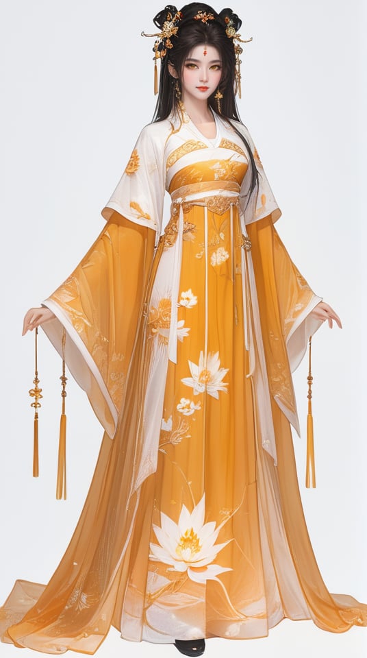 (best quality), ((masterpiece)), (highres), illustration, original, extremely detailed,   <lora:武侠与剑仙:0.7>1girl, solo, chinese clothes, hanfu, white background, full body, standing, hair ornament, simple background, black hair, looking at viewer, wide sleeves, hair rings, long sleeves, fur trim, flower, sash, jewelry, yellow eyes, long hair