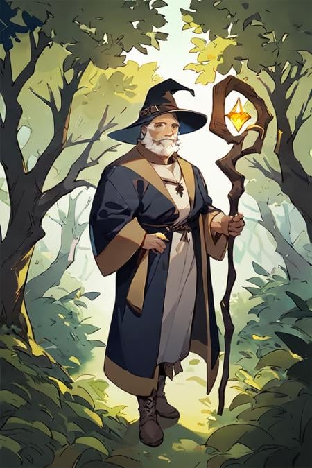 score_9, score_8_up, score_7_up, wizard, old, 1boy, old man, male focus, hat, beard, solo, staff, witch hat, facial hair, forest, nature, robe, long hair, looking at viewer, tree, holding, white hair, outdoors, holding staff, boots <lora:Anime Style 2 SDXL_LoRA_Pony Diffusion V6 XL:1>