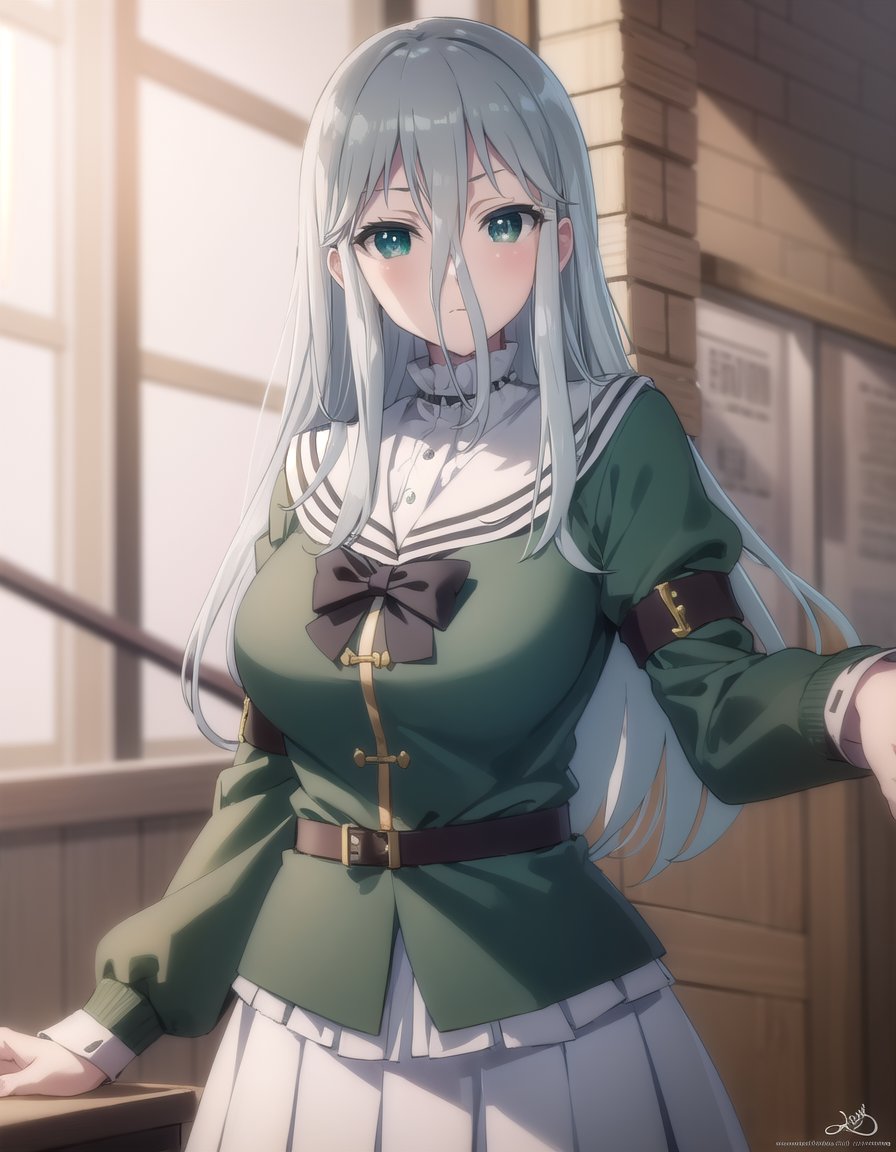 gekkosenko, <lora:sk gekko senko s1-lora-nochekaiser:1>,senko, long hair, hair between eyes, (green eyes:1.3), grey hair,BREAK bow, school uniform, serafuku, long sleeves, puffy sleeves, grey serafuku,BREAK indoors, classroom,BREAK looking at viewer, (cowboy shot:1.5),BREAK <lyco:GoodHands-beta2:1>, (masterpiece:1.2), best quality, high resolution, unity 8k wallpaper, (illustration:0.8), (beautiful detailed eyes:1.6), extremely detailed face, perfect lighting, extremely detailed CG, (perfect hands, perfect anatomy),